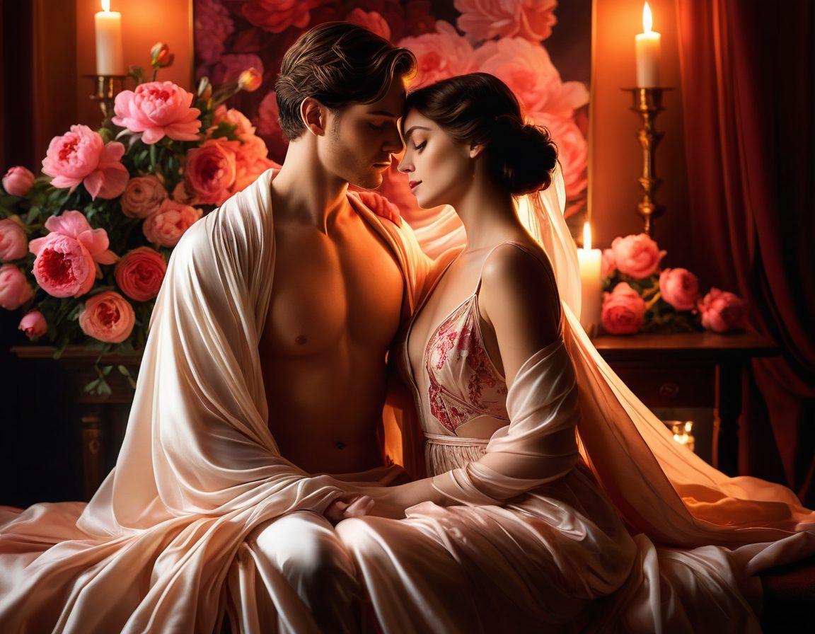 A captivating artistic representation of sensuality, featuring an entwined couple immersed in a luxurious, candle-lit atmosphere. The scene should showcase a hint of mystery with sheer fabrics and soft shadows, emphasizing the allure of intimacy. Include delicate floral elements to enhance the romantic ambiance. The color palette should be rich with deep reds and soft pinks for an inviting mood. elegant art deco style. 