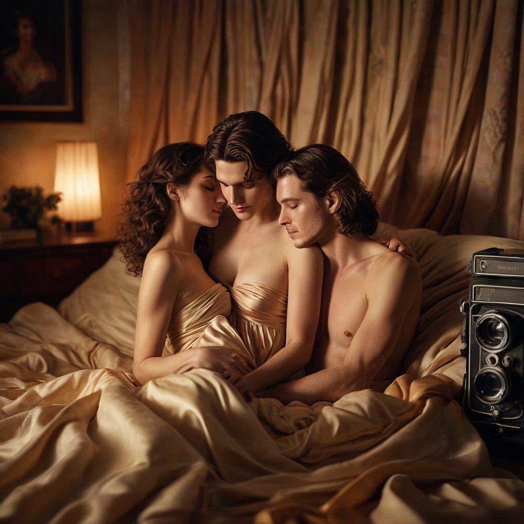 An intimate and artistic representation of sensuality, featuring a tastefully composed scene with soft lighting, a couple in an embrace, surrounded by flowing fabrics and warm tones. Subtle hints of adult films and erotic photography elements, such as vintage cameras and film reels in the background, evoke a sense of allure and curiosity. The overall ambiance should feel inviting and contemplative, celebrating the beauty of intimacy. super-realistic. warm colors. soft focus.
